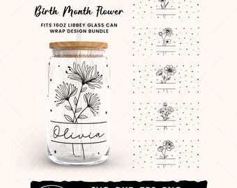 Geburtsmonat Blumen Glasdosen Wrap Bundle: 16 Unzen Libbey Glasdosen Design, Floral Cup Wrap, personalisierte Blumen Umriss PNG DXF EPS