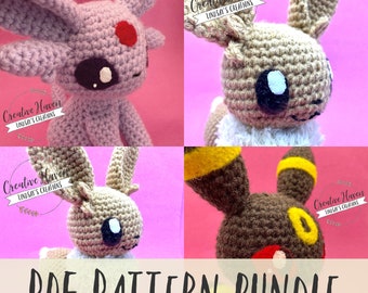 Eevee Umbreon Espeon Mönsterpaket PDF/Virkmönsterpaket/Amigurumi Eeveelutions Handledningar/3 Mönsterpaket