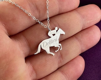 Colar de jóquei personalizado, colar com nome de cavalo, presente para amantes de cavalos de corrida, presentes personalizados em prata esterlina 925, colar de cavalo de corrida