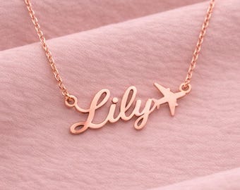 Personalized Plane Necklace – Custom Name Airplane Necklace – Minimal Travel Jewelry – Aviation Gift – Gold Silver Rose Gold
