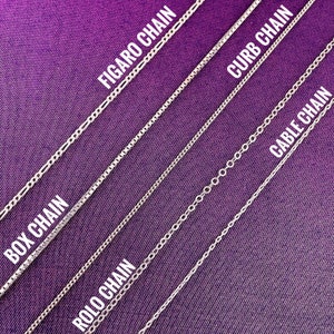 May include: An image showcasing five different silver chain styles: Figaro, Box, Rolo, Curb, and Cable. Each chain is displayed diagonally against a purple background, with the chain type labeled in white text.