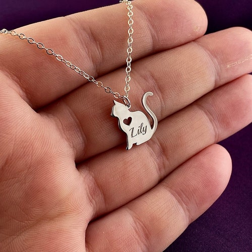 Collier chat personnalisé, Collier prénom chat, Pendentif chat, Collier animal, Cadeaux personnalisés en argent sterling 925, Bijoux pour amoureux des chats, Cadeaux