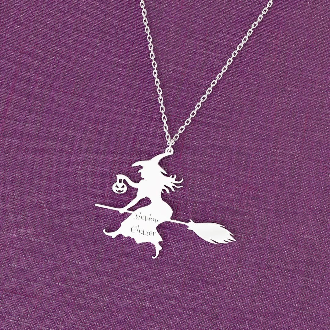 Witch Necklace With Broom, Halloween Necklace, Sweet Witch Necklace ...