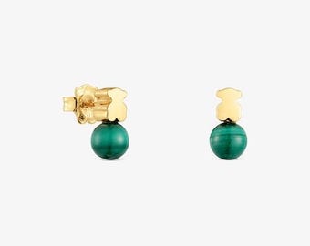 Pendientes TOUS Icon Mesh con baño de oro de 18 quilates sobre plata, motivo de oso y bola de malaquita lisa.