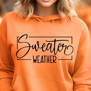 May include: Orange hoodie with the words "Sweater Weather" in black script and block letters. The hoodie has a drawstring hood and a front pocket. The background is blurred, with orange and green tones.