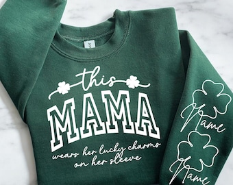 This Mama Wears her Lucky Charms On Her Sleeve SVG, PNG, One Lucky Mama, St Patricks Day Sweatshirt With Kids Name Svg, Lucky Charm Svg