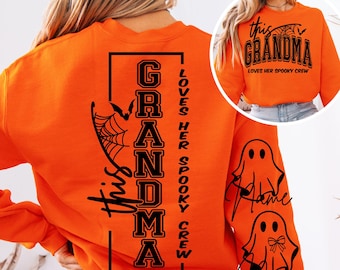 Esta avó adora sua equipe assustadora SVG, arquivos PNG, camiseta de Halloween da avó SVG, SVG da avó assustadora, nomes de netos, design frontal e traseiro