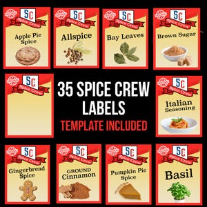 May include: A selection of spice labels featuring apple pie spice, allspice, bay leaves, and brown sugar. The labels are red and yellow, with the text "35 SPICE CREW LABELS TEMPLATE INCLUDED."