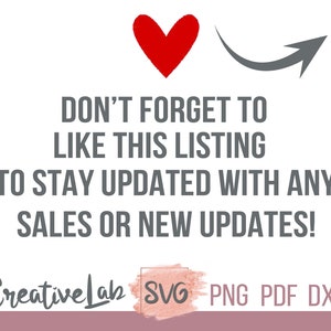 Puede incluir: Fondo blanco con texto: "&iexcl;NO OLVIDES DAR ME GUSTA A ESTE LISTADO PARA MANTENERTE ACTUALIZADO CON CUALQUIER VENTA O NUEVAS ACTUALIZACIONES!" Un coraz&oacute;n rojo y una flecha gris en la parte superior. El logotipo de Creative Lab y los iconos de tipo de archivo en la parte inferior.