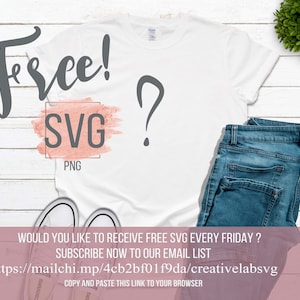 May include: White t-shirt with the word "Free!" in a script font and a question mark. The shirt also features the text "SVG PNG" inside a pink square. Blue jeans and white sneakers are also in the image.