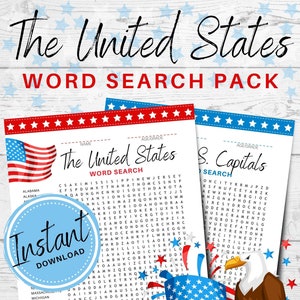 The United States and Capitals Word Search Pack for Kids Homeschool Lesson [Printable] Instant Download PDF!