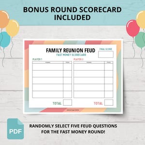 May include: A printable game scorecard titled Family Reunion Feud Fast Money Scorecard with columns for Player 1 and Player 2 answers and points. The design features pastel diagonal stripes, a final score box, and a PDF icon at the bottom left.