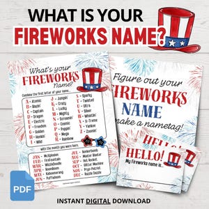 May include: A digital download featuring a patriotic-themed game. The design includes a red, white, and blue color scheme with fireworks and a hat illustration. The game helps users create a unique "fireworks name."