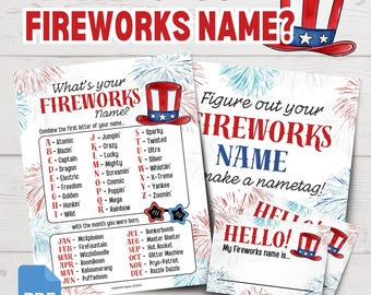 What's Your Fireworks Name? | Printable Fireworks Name Game | Funny 4th of July Party Games | July 4th Party Games | Patriotic Party Games