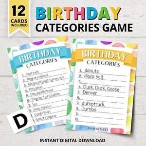 Birthday Categories Game | Scattergories-Inspired Birthday Party Game | Printable Birthday Games for Kids | Funny Birthday Games for Adults
