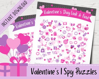 May include: Two printable Valentine's Day I Spy puzzles. The first puzzle features a pink and purple gift box with balloons. The second puzzle features a pink and purple background with hearts, flowers, and other Valentine's Day themed items. The text "Valentine's Day Look & Find" is at the top of the second puzzle.
