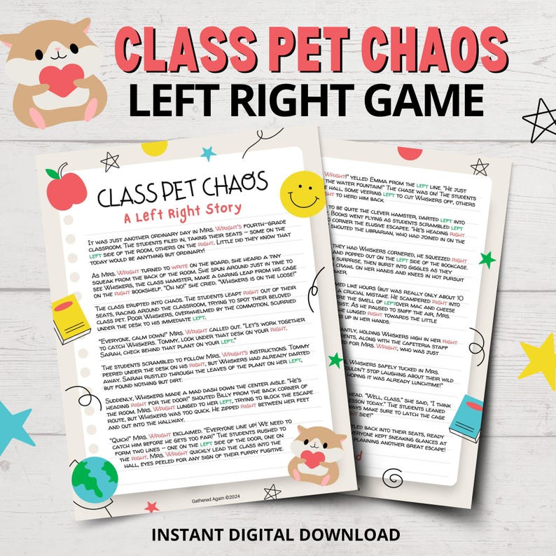 K&ouml;nnte beinhalten: Ein druckbares Klassenzimmer-Spiel f&uuml;r Kinder mit einer Geschichte &uuml;ber einen Hamster namens Whiskers, der aus seinem K&auml;fig entkommt. Das Spiel hei&szlig;t "Class Pet Chaos: Left Right Game". Die Geschichte ist auf eine lustige und ansprechende Weise geschrieben und enth&auml;lt Illustrationen eines Hamsters, eines Klassenzimmers und eines Lehrers.