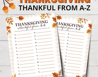 Thankful from A-Z Game | Thanksgiving A to Z Game | Thanksgiving Games for Kids | Printable Thanksgiving Party Games | Thankfulness Activity