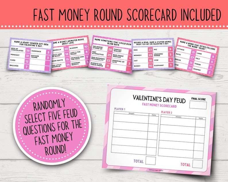 K&ouml;nnte beinhalten: Ein rosafarbenes und wei&szlig;es Valentine's Day Feud-Spiel mit einer Punktetabelle. Das Spiel beinhaltet Fragen f&uuml;r eine schnelle Geldrunde. Die Fragen drehen sich um den Valentinstag und beinhalten Themen wie herzf&ouml;rmige Geschenke, Disney-Animationsfilme &uuml;ber die Liebe, Dinge, die ein Blind Date ruinieren k&ouml;nnten, und mehr.