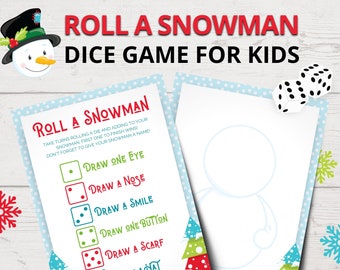 May include: A printable game for kids called "Roll a Snowman". The game includes a snowman drawing template and a list of instructions for drawing different parts of the snowman based on dice rolls. The instructions include "Draw one eye", "Draw a nose", "Draw a smile", "Draw one button", "Draw a scarf", and "Draw a hat".