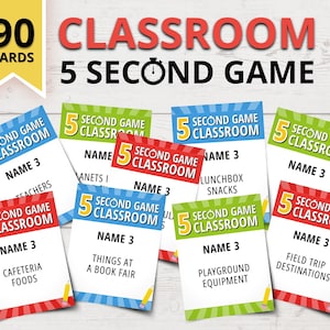 May include: A set of 90 colorful cards for a classroom game called "5 Second Game". The cards are red, blue, green, and yellow with white text. Each card has a different prompt for the game. The cards are designed for a classroom setting.