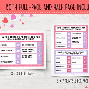 K&ouml;nnte beinhalten: Zwei druckbare Valentinstag-Spielkarten mit rosa und violettem Hintergrund. Die erste Karte fragt "Nennen Sie etwas, wonach Menschen bei einem Partner suchen?" mit einer Liste von Eigenschaften und einer Zahl neben jeder. Die zweite Karte fragt "Nennen Sie etwas, das rot ist und mit dem Buchstaben 'R' beginnt." mit einer Liste von roten Gegenst&auml;nden und einer Zahl neben jedem.
