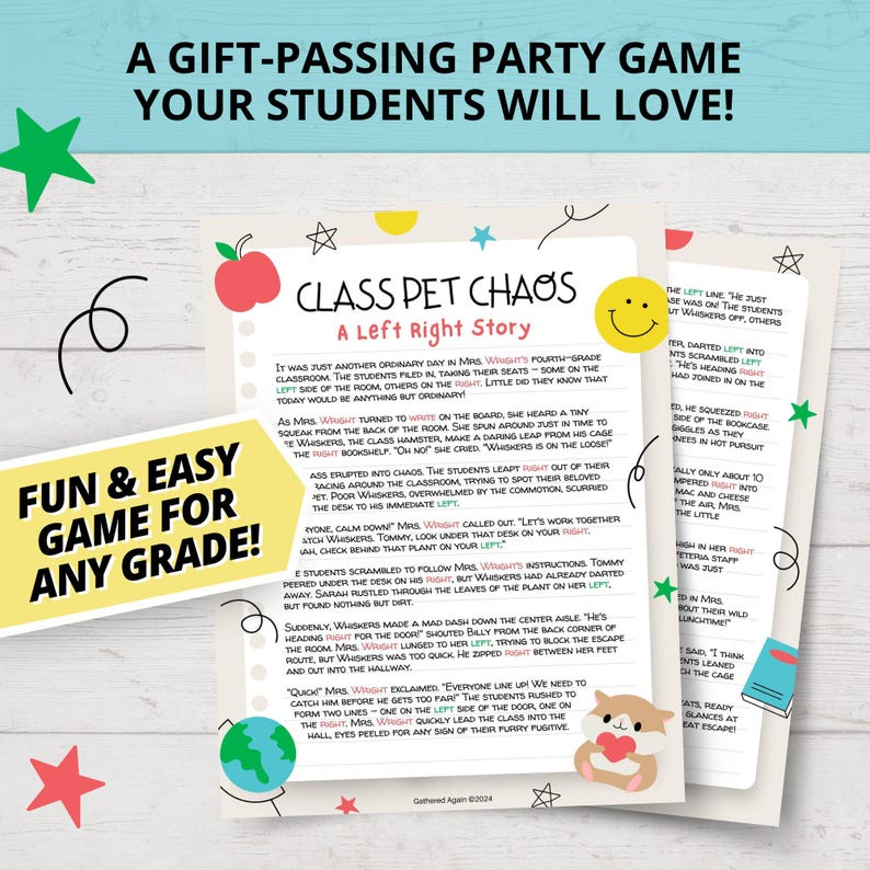 K&ouml;nnte beinhalten: Ein druckbares Klassenzimmer-Spiel f&uuml;r Lehrer. Das Spiel hei&szlig;t "Class Pet Chaos: A Left Right Story". Das Spiel soll Sch&uuml;lern helfen, links und rechts zu lernen. Das Spiel zeigt einen Hamster und ein Klassenzimmer.
