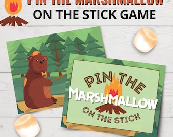 Jeu Pin the Marshmallow à imprimer | Jeux de camping à imprimer | Jeux de camping amusants pour les enfants | Jeux de société à imprimer pour les enfants