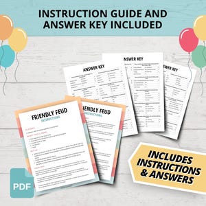 May include: A set of Friendly Feud game documents featuring instruction sheets and answer keys printed on white paper. The pages include black text, tables, and lists. A yellow arrow-shaped graphic with black text reads INCLUDES INSTRUCTIONS & ANSWERS.