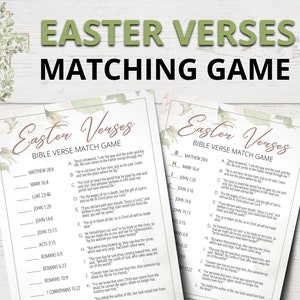 May include: A printable Easter Bible verse matching game with a floral design. The game includes a list of Bible verses and a list of corresponding answers. Players must match the verses to the correct answers.