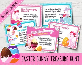 May include: A set of five pink and blue cards with bunny illustrations and text that reads "Hippity Hoppity Easter Bunny Treasure Hunt". The cards include clues for an Easter egg hunt.