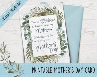 Printable Mother's Day Card | Mother's Day Card from Son | Gifts for Mom | Eucalyptus Greeting Card | Envelope Template Included