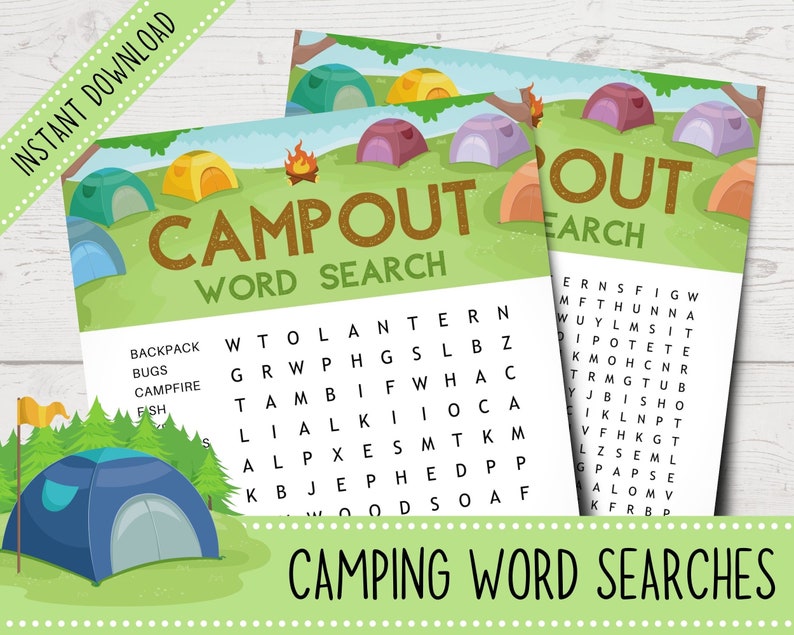 May include: Two printable camping word search puzzles with a green background and illustrations of tents and a campfire. The puzzles feature words related to camping, such as backpack, bugs, campfire, fish, lantern, and wood. The text "CAMP OUT WORD SEARCH" is at the top of each puzzle.