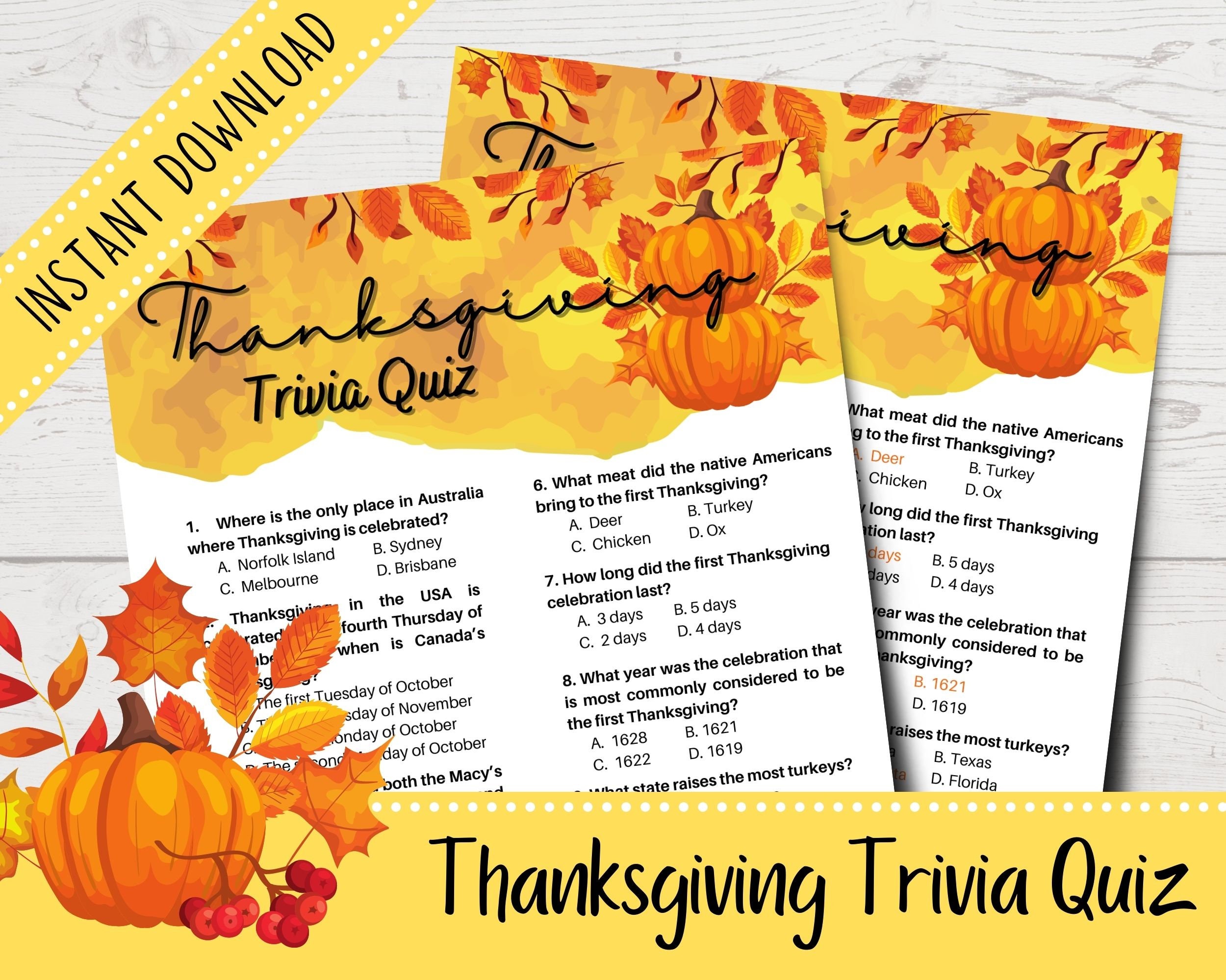 Gold Thanksgiving Trivia Quiz Thanksgiving Trivia Questions Etsy
