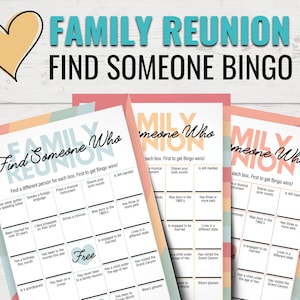 Family Reunion Bingo Game | Printable Family Reunion Games | Find Someone Who | Get To Know You Bingo | Family Reunion Icebreaker Games |