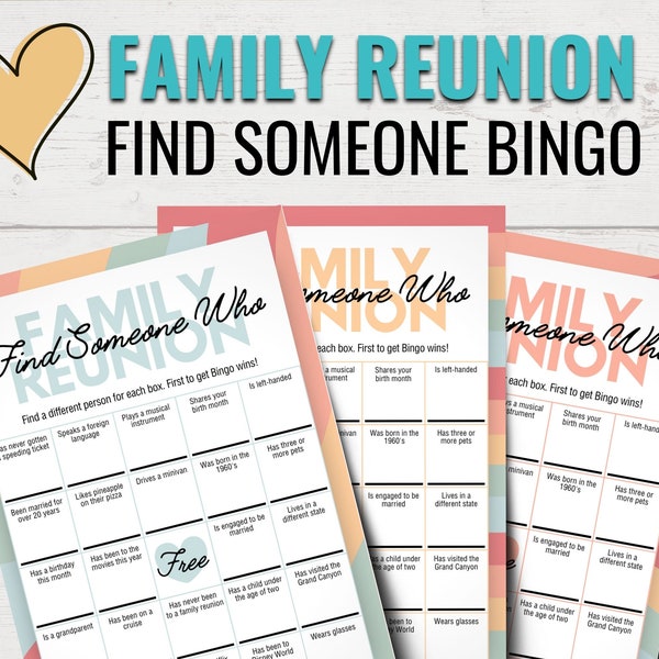 Familientreffen Bingo Spiel | Druckbare Familientreffen Spiele | Finde jemanden, der | Lernen Sie Bingo | Familientreffen Icebreaker Spiele |