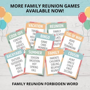 May include: A set of eight rectangular game cards for a family reunion, each featuring a category title like Vacation, Bingo, or Tug of War, followed by a list of related words. The cards are decorated with colorful balloons and text.