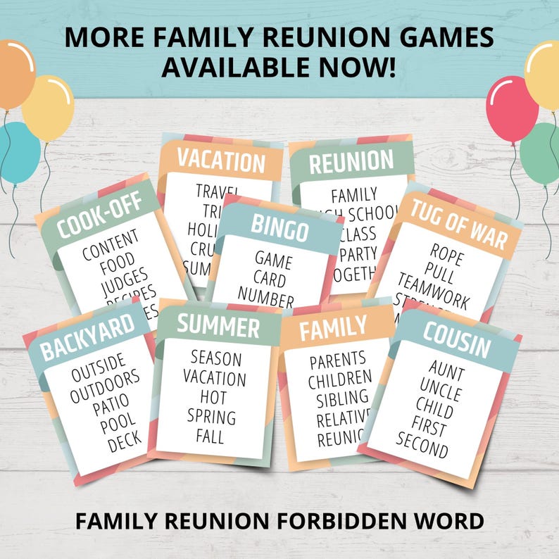May include: A set of eight rectangular game cards for a family reunion, each featuring a category title like Vacation, Bingo, or Tug of War, followed by a list of related words. The cards are decorated with colorful balloons and text.