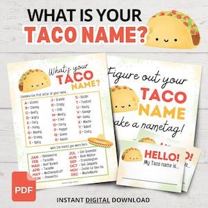 May include: A printable party game with a taco theme. The game instructs players to combine the first letter of their name with the month they were born to create a "Taco Name". The game includes a printable name tag template.