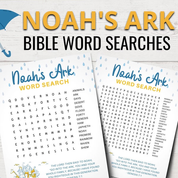 Noah's Ark Word Searches | Bible Word Searches for Kids | Printable Noah's Ark Word Search | Bible Study | Sunday School | Youth Group