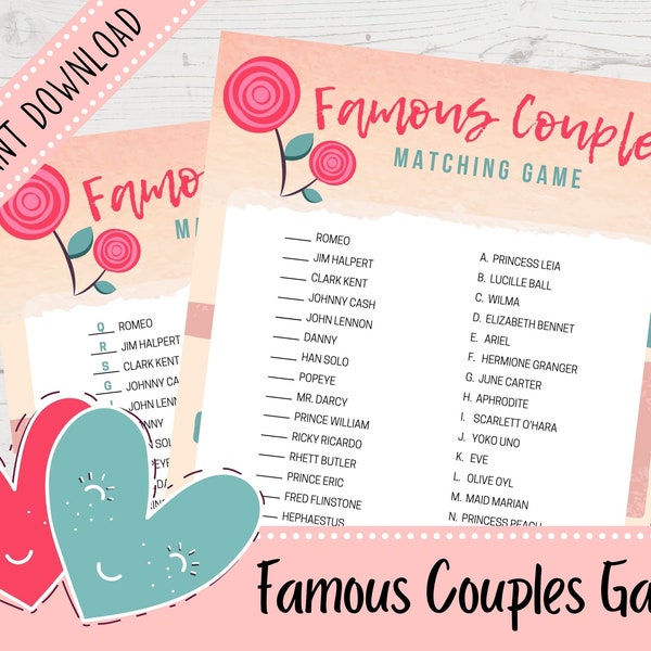 Famous Couples Matching Game | Bridal Shower Game | Bachelorette Party | Couples' Night | Virtual Games | Printable