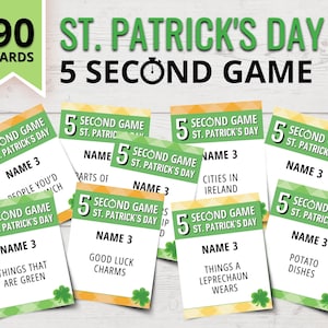 May include: A set of 90 green and yellow cards for a St. Patrick's Day 5 Second Game. The cards have different prompts for players to name in 5 seconds, such as "Things that are green" and "Cities in Ireland".
