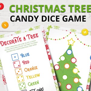 May include: A printable Christmas tree game for kids. The game includes a Christmas tree with circles to decorate and a color chart with dice to roll. The text on the game says "Decorate a Tree".