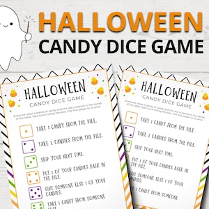 May include: Two printable Halloween candy dice game cards with black and white striped backgrounds. The cards have instructions for taking candy from a pile, skipping turns, and giving candy to other players. The cards feature orange, yellow, green, and purple dice with different numbers of dots.
