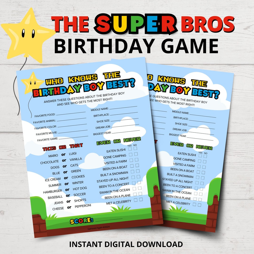The Super Bros Birthday Game | Who Knows the Birthday Boy Best | Mario Themed Birthday Party Games | Birthday Boy Quiz | Mario Birthday Quiz - Etsy UK