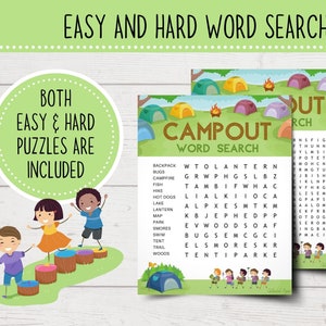 May include: Two printable camping word search puzzles, one easy and one hard. The puzzles feature a colorful illustration of children camping with tents and a campfire. The word list includes words like backpack, bugs, campfire, fish, hike, hot dogs, lake, lantern, map, park, smores, swim, tent, trail, and woods.