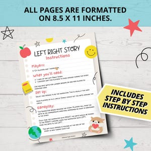 K&ouml;nnte beinhalten: Ein druckbares Spielanleitungsblatt mit gelbem Hintergrund und roten, wei&szlig;en und blauen Akzenten. Der Titel lautet "Left Right Story" und der Text enth&auml;lt Anweisungen f&uuml;r ein Spiel, bei dem die Spieler ein Geschenk im Kreis herumreichen, basierend auf Anweisungen, die von einem Erz&auml;hler gegeben werden. Das Blatt enth&auml;lt einen niedlichen Comic-Hamster.