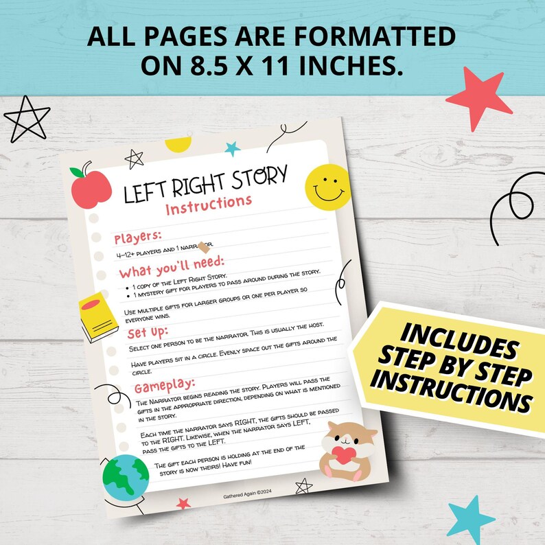 K&ouml;nnte beinhalten: Ein druckbares Spielanleitungsblatt mit gelbem Hintergrund und roten, wei&szlig;en und blauen Akzenten. Der Titel lautet "Left Right Story" und der Text enth&auml;lt Anweisungen f&uuml;r ein Spiel, bei dem die Spieler ein Geschenk im Kreis herumreichen, basierend auf Anweisungen, die von einem Erz&auml;hler gegeben werden. Das Blatt enth&auml;lt einen niedlichen Comic-Hamster.