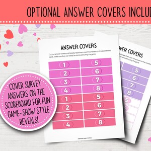 K&ouml;nnte beinhalten: Zwei bedruckbare Bl&auml;tter mit rosa und lila Antwort-Abdeckungen f&uuml;r ein Spiel. Die Abdeckungen sind von 1 bis 8 nummeriert. Der Text auf dem Blatt lautet "Answer Covers" und "Schneiden Sie die Antwort-Abdeckungen aus und kleben Sie sie lose &uuml;ber die Antworten auf dem Spielfeld. Stellen Sie sicher, dass sie w&auml;hrend des Spiels leicht entfernt werden k&ouml;nnen."