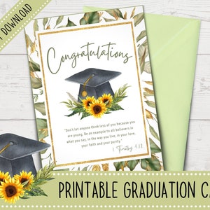 Tarjeta de graduación imprimible / Tarjeta de graduación de girasol / Tarjeta cristiana / Tarjeta universitaria / Tarjeta de felicitación / Plantilla de sobre incluida
